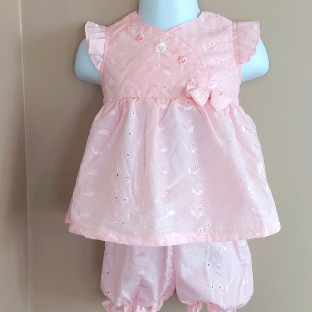 Eyelet Ruffle Embroidered Summer 2 Pc Playsuit - pink 6/9 mos